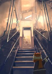  1girl absurdres animal back backlighting blue_coat brown_hair ceiling ceiling_light chiaroscuro coat commentary dim_lighting door fluorescent_lamp from_behind from_below fur-trimmed_coat fur-trimmed_headwear fur_trim goat hand_on_railing hanging_light hat highres indoors kouroul messy_hair on_railing on_stairs original perspective railing red_hat red_scarf scarf scenery shade shadow short_hair silhouette solo stairs standing upper_body white_trim wide_shot winter_clothes winter_uniform 