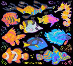  animal_focus black_background butterflyfish clownfish commentary english_commentary english_text fish flame_angelfish highres mandarinfish marine_angelfish no_humans original reesieroo-spark regal_blue_tang royal_gramma sea_dragon seahorse siamese_fighting_fish simple_background tropical_fish watermark 