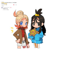  2girls absurdres black_hair black_jacket blue_eyes chinese_text cropped_legs eyelashes gradient_hair hair_bun highres holding holding_stuffed_toy jacket kui_kui_jiang lida_(pokemon) midriff multicolored_hair multiple_girls navel open_mouth pokemon pokemon_(creature) pokemon_legends:_z-a ribbed_sweater shorts single_hair_bun sleeves_past_fingers sleeves_past_wrists staryu stuffed_toy sweater tag taunie_(pokemon) white_shorts 