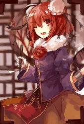  1girl alternate_costume apple_da-ze bandaged_arm bandages blue_shirt bun_cover chain chinese_commentary chopsticks commentary_request cuffs double_bun flower food green_skirt hair_bun highres holding holding_chopsticks ibaraki_kasen long_sleeves looking_at_viewer medium_hair neck_flower one_eye_closed open_mouth pink_eyes pink_hair red_flower red_rose red_tabard rose shackles shirt skirt smile solo steam steamed_bun tabard touhou 