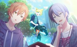  3boys :d aoyagi_touya aqua_eyes black_pants black_sweater blonde_hair blue_hoodie blue_jacket blue_sky brown_eyes building clouds colorful_palette drawstring game_cg grey_eyes grey_vest hair_between_eyes highres holding holding_phone hood hooded_vest hoodie jacket jewelry kagamine_len male_focus multicolored_hair multiple_boys natsu_matsuri_narihibiku_oto_wa_(project_sekai) necklace official_art open_clothes open_jacket orange_hair orange_shoes outdoors pants phone project_sekai shinonome_akito shirt shoes sky smile sparkle spiky_hair split-color_hair streaked_hair sweater third-party_source tongue tree triangle vest vivid_bad_squad_len vocaloid white_shirt 