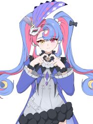  1girl absurdres black_bow blonde_streaks blue_hair bow closed_mouth commentary curled_ends dated_commentary eye_mask feather_hair_ornament feathers flipped_bangs forehead four-finger_heart_hands grey_feathers hair_bow hair_ornament hands_up heart heart_hands heterochromia highres jewelry light_blush long_hair long_sleeves looking_at_viewer mask mask_on_head masquerade_mask middle_ring multicolored_hair multiple_rings neck_ruff pb9967 pink_eyes pink_hair pom_pom_(clothes) pom_pom_hair_ornament ring roccia_(wuthering_waves) simple_background smile solo straight-on streaked_hair symbol-shaped_pupils twintails two-tone_hair upper_body white_background white_mask wide_sleeves wuthering_waves x-shaped_pupils yellow_eyes 