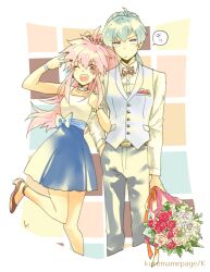  1boy 1girl arche_klein belt blue_choker bow bowtie brown_bow brown_bowtie casual chester_burklight choker dress flower high_heels k-mame long_hair looking_at_viewer nail_polish one_eye_closed open_mouth pink_hair ponytail skirt smile suit tales_of_(series) tales_of_phantasia v 