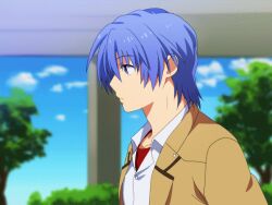 1boy ;d angel_beats! animated animated_gif blue_eyes blue_hair brown_jacket commentary_request day dress_shirt grin hinata_hideki jacket long_sleeves looking_at_viewer male_focus one_eye_closed open_clothes open_jacket open_mouth outdoors profile red_shirt salute satomi_yoshitaka school_uniform shinda_sekai_sensen_uniform shirt short_hair smile solo upper_body white_shirt 