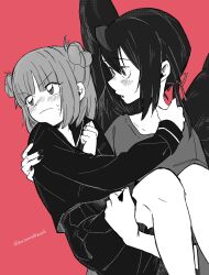  1boy 1girl averting_eyes bird_boy bird_wings blush carrying commentary_request double_bun feathered_wings greyscale_with_colored_background hair_bun hetero highres korisumochi looking_at_another low_ponytail original pink_background ponytail princess_carry school_uniform serafuku short_hair simple_background wings 