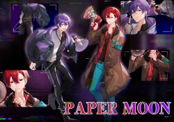  2boys :d aho_no_sakata armband black_background black_jacket black_pants black_shirt black_shoes blue_armband blue_pants brown_coat coat collared_shirt commentary_request crew_neck finger_to_mouth full_body fur-trimmed_coat fur_trim glitch grin hair_behind_ear hair_between_eyes hand_in_pocket highres holding holding_megaphone hood hood_down hooded_jacket index_finger_raised jacket jewelry long_sleeves looking_at_viewer male_focus megaphone mole mole_under_eye multiple_boys nonomaro official_art open_clothes open_coat open_shirt pants projected_inset purple_hair red_eyes red_hair red_shirt ring shima_(utaite) shirt shoes short_hair shushing smile song_name standing sticker striped_clothes striped_shirt track_pants two-tone_shirt undershirt urashimasakatasen utaite v-shaped_eyebrows vertical-striped_clothes vertical-striped_shirt viewfinder violet_eyes white_shirt 