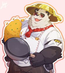  1boy animal_ears black_fur black_pants closed_eyes cooking english_commentary fangs fat food fried_rice furry furry_male hand_on_own_hip highres male_focus miro_(205nin) multicolored_fur official_alternate_costume open_mouth pan_yinhu pan_yinhu_(culinary_jewel) panda_boy panda_ears pants plump shirt smile sunglasses white_fur white_shirt wok zenless_zone_zero 