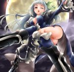  1girl ass boots bravely_second breasts flower hair_flower hair_ornament long_hair looking_at_viewer magnolia_arch midair moon n_(no_bu) no_panties parted_lips polearm red_eyes silver_hair solo thighs weapon winking 