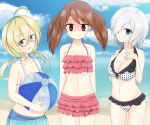  3girls ahoge arms_at_sides ball beach beachball bikini bikini_top blonde_hair blue_eyes blush breast_envy breasts brown_eyes brown_hair cleavage clouds collarbone flat_chest glasses green_eyes hair_over_one_eye hamakaze_(kantai_collection) hands_on_own_chest i-8_(kantai_collection) kantai_collection looking_at_viewer low_twintails midriff multiple_girls navel nenosame_(nenosame5_) ocean red-framed_glasses ryuujou_(kantai_collection) shaded_face short_hair silver_hair sky smile swimsuit twintails water 