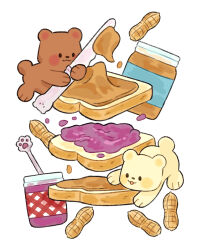  animal animal_focus bear bread butter_knife food food_focus highres jam jar knife mjoyart no_humans original peanut peanut_butter peanut_butter_and_jelly_sandwich simple_background white_background 