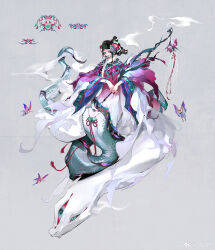  1girl absurdres animal aqua_eyes aqua_gem bell black_hair blue_eyeshadow blue_flower bracelet bug butterfly butterfly_ornament chinese_clothes chinese_commentary closed_mouth eyeshadow fingernails flower full_body gem giant_snake grey_background hair_flower hair_ornament hair_tubes hanfu highres holding holding_leaf holding_smoking_pipe huibuxing jade_bracelet jewelry kiyohime_(onmyoji) lamia leaf lipstick long_fingernails long_sleeves longhua_(collar) looking_at_viewer low-tied_sidelocks makeup manchu_clothes monster_girl multiple_necklaces nail_polish necklace onmyoji oversized_animal own_hands_together parted_bangs pearl_hair_ornament pearl_necklace peony_(flower) pink_flower purple_butterfly purple_hanfu purple_robe qing_dynasty red_lips red_nails red_ribbon ribbon robe rouge_(makeup) sidelocks simple_background sitting sitting_on_animal smoke smoking_pipe snake snake_hair_ornament solo tassel third_eye updo watermark weibo_watermark white_flower white_snake wide_sleeves yaopei 