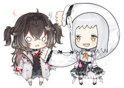  0_0 2girls :d ^^^ ahoge arm_up asymmetrical_legwear black_shirt black_shoes black_skirt blue_shorts brown_eyes brown_hair capriccio chibi commentary_request copyright_request forehead grey_hair hair_ornament jacket leaf_hair_ornament long_hair multiple_girls open_clothes open_jacket pleated_skirt shirt shoes shorts simple_background skirt smile socks sweat thigh-highs translation_request two_side_up very_long_hair wavy_mouth white_background white_jacket white_shirt white_skirt white_socks white_thighhighs 