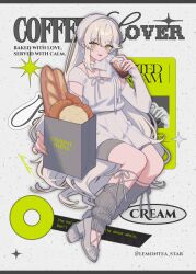  1girl bag bread coffee cup english_text food full_body grey_leg_warmers high_heels highres holding holding_cup iced_coffee leg_warmers lemontea long_hair long_sleeves original paper_bag shirt shoes skirt solo white_hair white_shirt white_shoes white_skirt 