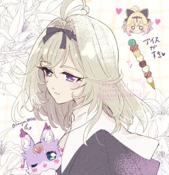  1girl ;d antenna_hair aqua_eyes artist_name back_bow black_hairband black_ribbon blonde_hair bow chibi chibi_inset closed_mouth crossed_bangs cure_arcana_shadow diamond_hairband double-parted_bangs dual_persona expressionless flipped_bangs floral_background flower food forehead_jewel gomagoma017 gradient_hair grey_hair grid_background guimpe hair_bow hair_intakes hairband heart heart-shaped_blush_stickers ice_cream ice_cream_cone jewelry lily_(flower) looking_ahead mashu-tan medium_hair meitantei_precure! mint_chocolate moria_luluka multicolored_hair multiple_scoops necklace no_mouth notice_lines o_o one_eye_closed pink_hair portrait precure ribbon ribbon-trimmed_hairband smile solo_focus too_many too_many_scoops too_many_watermarks translation_request twitter_username two-tone_hair violet_eyes watermark yellow_background 