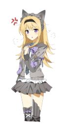  1girl :o alion_9715 alternate_costume anger_vein animal_ears annoyed black_hairband black_skirt blonde_hair blush bow cardigan cat_ears chaos;head commentary_request cropped_legs embarrassed fake_animal_ears frilled_shirt frills hairband highres korean_commentary long_hair long_sleeves looking_at_viewer necktie nishijou_nanami open_cardigan open_clothes open_mouth pleated_skirt ribbon science_adventure shirt simple_background skirt solo spoken_anger_vein standing thigh-highs very_long_hair violet_eyes white_background zettai_ryouiki 