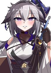  1girl absurdres animal_ears azur_lane black_gloves breasts commentary_request detached_sleeves fox_ears fox_girl fox_mask gloves grey_hair hairband highres holding holding_paintbrush light_blush light_smile long_hair long_sleeves looking_at_viewer mask mask_on_head open_mouth paintbrush single_bare_shoulder siota1998 solo teeth tosa_(azur_lane) upper_body violet_eyes 