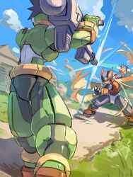  2boys absurdres armor battle blonde_hair commentary_request craft_(mega_man) energy_sword forehead_jewel green_armor helmet highres holding_cannon long_hair male_focus mega_man_(series) mega_man_zero_(series) mega_man_zero_4 multiple_boys omochi_(mochi_skymega) outdoors red_armor red_helmet standing sword weapon z_saber zero(z)_(mega_man) zero_(mega_man) 