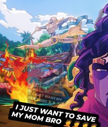  armor beak black_hair colored_skin fire hashtag-only_commentary headband highres holding holding_sword holding_weapon jewelry jojo_no_kimyou_na_bouken jojo_pose kujo_jotaro long_hair magician's_red male_focus multiple_boys purple_skin rapier silver_chariot stand_(jojo) star_platinum stardust_crusaders sword volumzyreo weapon 