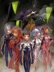  3girls ayanami_rei bad_drawr_id bad_id character_request ikari_shinji jumpsuit looking_at_viewer mecha multiple_girls neon_genesis_evangelion oekaki pink_jumpsuit red_jumpsuit robot smoke souryuu_asuka_langley white_jumpsuit 
