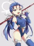  blue_hair fang fate/stay_night fate_(series) gae_bolg genderswap lancer leotard long_hair ponytail red-trio red_eyes thigh-highs twintails 