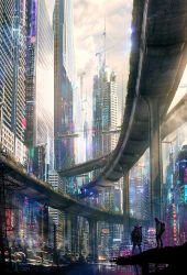  2others backpack bag bridge city city_lights cityscape clouds cloudy_sky commentary cyberpunk elevated_highway english_commentary from_behind highres highway hologram multiple_others neon_lights original painterly pillar power_lines raphael-lacoste scenery science_fiction signature sky sunlight tower wind_turbine 