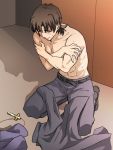  1boy blush brown_hair cross cross_necklace derivative_work fate/stay_night fate_(series) jewelry kotomine_kirei necklace parody red-trio shirtless solo 