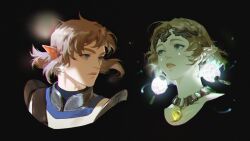  1boy 1girl black_background blonde_hair blue_eyes braid closed_mouth cropped_head crown_braid earrings green_eyes highres jewelry link m88km88k magatama magatama_necklace necklace parted_lips pendant_choker pointy_ears ponytail princess_zelda short_hair sidelocks the_legend_of_zelda the_legend_of_zelda:_tears_of_the_kingdom upper_body 