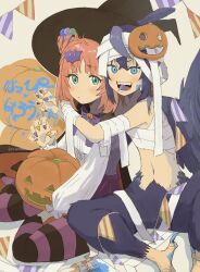  1boy 1girl aki_(korisumochi) animal_feet bird_legs bird_wings blue_eyes blue_hair blue_wings claw_pose claws commentary_request fangs feathered_wings full_body green_eyes hair_bun halloween halloween_costume harpy_boy hat highres hug jack-o'-lantern korisumochi lollipop_in_mouth looking_at_viewer monster_boy mummy_costume original pink_hair pumpkin shirt short_hair simple_background sitting string_of_flags striped_clothes striped_thighhighs talons thigh-highs translation_request white_shirt wings witch witch_hat yellow_background yokozuwari yuzu_(korisumochi) 