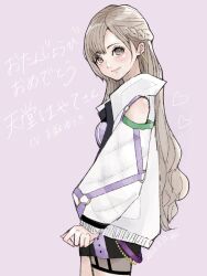  1girl bare_shoulders black_skirt braid brown_eyes brown_hair character_name closed_mouth commentary cosplay cowboy_shot d4dj earrings from_side half_up_braid happy_birthday heart highres jacket jewelry long_hair long_sleeves looking_at_viewer looking_to_the_side miniskirt mole mole_above_mouth mole_under_each_eye mole_under_eye mole_under_mouth multiple_moles open_clothes open_jacket parted_bangs pink_background puffy_long_sleeves puffy_sleeves purple_shirt real_life sally_(allogkk) shirt simple_background skirt smile solo temma_yuuki tendo_hayate tendo_hayate_(cosplay) very_long_hair voice_actor voice_actor_connection wavy_hair white_jacket 