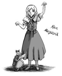  1girl alice_margatroid book character_name commentary_request doll dress full_body greyscale hairband highres holding holding_book imperishable_night looking_at_viewer medium_hair monochrome puffy_short_sleeves puffy_sleeves sash shanghai_doll shoes short_sleeves socks solo super-flat-world touhou waist_sash 