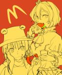  2girls eating food hair_ornament hair_ribbon hamburger hat hichiko mcdonald&#039;s monochrome moriya_suwako multiple_girls product_placement ribbon rope shimenawa short_hair soda touhou yasaka_kanako 