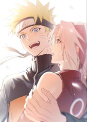  blonde_hair blue_eyes facial_mark flak_jacket forehead_protector haruno_sakura jacket konohagakure_symbol kryu0415 naruto_(series) naruto_shippuuden pink_hair short_hair smile spiky_hair uzumaki_naruto whisker_markings 