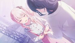  1girl 1other akiyama_mizuki asahina_mafuyu black_shirt bracelet breasts brown_ribbon buttons cardigan center_frills chain chain_bracelet collarbone colorful_palette dot_nose drill_hair drill_ponytail drill_sidelocks facing_another facing_away frilled_shirt_collar frilled_sleeves frills game_cg hair_over_shoulder half-closed_eyes high_ponytail high_side_ponytail highres jewelry long_sleeves looking_at_hand looking_down medium_breasts official_art open_mouth other_focus pants pink_eyes pink_hair pink_pants pink_ribbon ponytail project_sekai purple_hair purple_ribbon putting_on_bracelet ribbon round_collar shirt sidelocks soshite_hari_wa_ugokidasu_(project_sekai) suspender_pants third-party_source triangle truss upper_body wavy_hair white_cardigan 