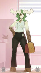  artist_name bag commentary dated english_commentary green_hair highres holding holding_bag horns monocle monster_girl office_lady original themaestronoob 