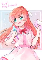  1girl birthday bow bowtie casual collar collared_dress commentary dated dispersion_(optics) dress english_text envelope frilled_collar frills green_eyes hair_bun hair_ribbon happy_birthday highres hirogaru_sky!_precure holding holding_envelope holding_pen long_hair looking_to_the_side mirage_pen nijigaoka_mashiro open_mouth pen pink_dress pink_hair precure red_bow red_bowtie ribbon short_sleeves single_hair_bun smile solo sorashinakei_k sparkle white_ribbon 