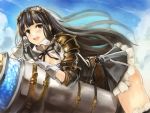  1girl black_eyes black_hair black_legwear clouds cowboy_shot edobox gloves goggles goggles_on_head granblue_fantasy jessica_(granblue_fantasy) long_hair looking_at_viewer lying on_stomach open_mouth sky solo straddling thigh-highs white_gloves 