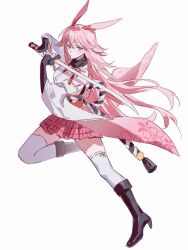  1girl absurdres animal_ears black_boots boots closed_mouth commentary_request fox_ears high_heel_boots high_heels highres holding holding_sword holding_weapon honkai_(series) honkai_impact_3rd japanese_clothes katana kimono nontraditional_miko obi pink_hair pink_skirt pleated_skirt ribbon-trimmed_sleeves ribbon-trimmed_thighhighs ribbon_trim sanye308 sash short_kimono simple_background skirt solo sword thigh-highs violet_eyes weapon white_background white_kimono white_sleeves white_thighhighs yae_sakura yae_sakura_(gyakushinn_miko) 