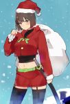  1girl alternate_costume belt blush breasts brown_eyes cowboy_shot garter_straps hareno_chiame hat hyuuga_(kantai_collection) kantai_collection katana looking_at_viewer midriff navel over_shoulder pencil_skirt sack santa_costume santa_hat sheath short_hair sketch skirt snow solo sword thigh-highs weapon 