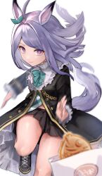 1girl absurdres animal_ears aqua_bow aqua_bowtie aqua_ribbon black_jacket black_skirt bow bowtie closed_mouth coat commentary_request ear_bow ear_ribbon food frilled_coat frilled_jacket frills highres horse_ears horse_girl horse_tail jacket long_hair long_sleeves looking_at_viewer mejiro_mcqueen_(frontline_elegance)_(umamusume) mejiro_mcqueen_(umamusume) pleated_skirt purple_hair ribbon running shirt shoes simple_background skirt smile solo striped_clothes striped_shirt tail taiyaki umamusume uouokuma violet_eyes wagashi white_background 