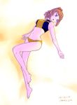  bare_shoulders barefoot blue_eyes brown_hair gundam gundam_build_fighters gundam_build_fighters_try hoshino_fumina midriff navel ponytail swimsuit tamago_tomato 