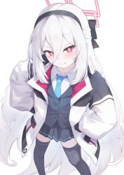  1girl absurdres black_hairband black_jacket black_skirt black_thighhighs blue_archive blue_necktie blush breasts closed_mouth collared_shirt commentary_request feet_out_of_frame hair_between_eyes hairband halo hands_on_own_hips highres jacket kei_(blue_archive) kei_(new_body)_(blue_archive) long_hair long_hair_between_eyes looking_at_viewer necktie nm_hao pink_halo pleated_skirt rectangular_halo shirt simple_background skirt smile solo thigh-highs very_long_hair white_background white_hair white_shirt 