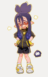  1girl absurdres alternate_species black_shorts commentary_request dendra_(pokemon) fangs fingerless_gloves full_body gloves highres inkling kui_kui_jiang open_mouth pointy_ears pokemon pokemon_sv ponytail red_eyes shoes shorts sidelocks skin_fangs sneakers splatoon_(series) splatoonification yellow_gloves 