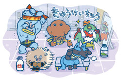  anger_vein arms_up bench black_eyes border bottle chibi chibi_only closed_eyes commentary_request full-length_mirror hawlucha hitmonlee locker locker_room lucario machamp milk_bottle mirror moomoo_milk official_art pokemon pokemon_(creature) pokemon_focus primeape puff_of_air sitting sparkle standing sweat towel towel_around_neck white_border 