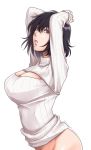  1girl arms_up black_hair bottomless breasts cleavage large_breasts looking_at_viewer naked_sweater open-chest_sweater parted_lips rebelizm ribbed_sweater short_hair simple_background solo sweater turtleneck violet_eyes white_background 