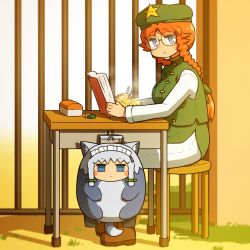  1girl animal_bag backpack bag blue_eyes book boots braid brown_boots chinese_clothes chopsticks commentary eraser expressionless food fried_rice from_side gate glasses green_skirt green_vest hat hat_ornament holding holding_book holding_chopsticks hong_meiling izayoi_sakuya long_hair long_sleeves looking_at_viewer orange_hair pants round_eyewear shirosato side_braids sitting skirt star_(symbol) star_hat_ornament table touhou twin_braids untranslatable_commentary vest white_pants 