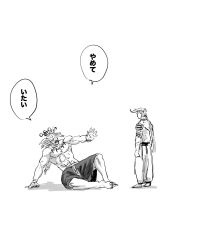  1boy 1other begging dabura_karaba dejigura demon_horns greyscale hand_on_floor highres horns jujutsu_kaisen jujutsu_kaisen_modulo looking_at_another lying mahoraga_(jujutsu_kaisen) monochrome monster pants short_hair speech_bubble standing tattoo very_short_hair wheel white_background 