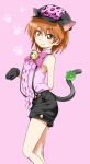  1girl animal_ears black_gloves blush brown_eyes cat_ears cat_tail futari_wa_precure gloves hat highres kemonomimi_mode misumi_nagisa orange_hair osusitan panther_pink_(precure) precure short_hair shorts smile solo suspenders tail 