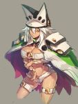  1girl beltbra breasts cape cleavage colored_eyelashes cropped_legs dark_skin guilty_gear guilty_gear_xrd hat highres large_breasts long_hair navel open_fly parted_lips ramlethal_valentine short_shorts shorts simple_background sketch solo temmasa22 thigh_strap under_boob unzipped white_hair yellow_eyes 