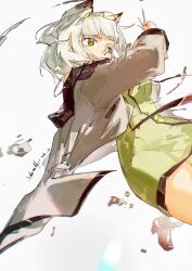  1girl absurdres animal_ear_fluff animal_ears arknights between_fingers blunt_bangs boots breasts cat_ears cat_girl dress green_dress green_eyes hand_up highres holding jacket kal'tsit_(arknights) long_sleeves midair orthomethy short_hair simple_background solo white_background white_hair white_jacket 
