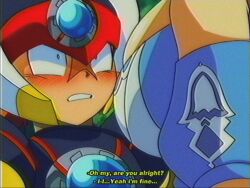 1990s_(style) 1boy 1girl android armor axl_(mega_man) black_armor black_helmet blue_dress blush breasts brown_hair chest_jewel clenched_teeth cross_scar detached_sleeves dress english_commentary faux_retro_artstyle forehead_jewel forest frown green_eyes helmet highres horse_girl large_breasts lueduar mega_man_(series) mega_man_x_(series) nature outdoors red_helmet retro_artstyle robot scar shoulder_armor spiky_hair super_creek_(murmuring_stream)_(umamusume) super_creek_(umamusume) teeth umamusume vhs_artifacts 